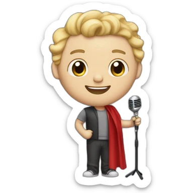 white light skin man person standing in a theater with red curtains standing on elevated stage holding a microphone smiling with light hair sticker