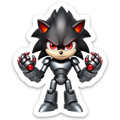 Angry robotic Shadow the Hedgehog with black metal body, red glowing eyes, chrome highlights, and robotic arms crossed sticker