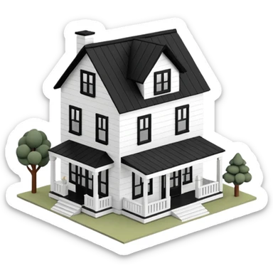 modern farmhouse dollhouse, white with black trim and wooden accents, 3d isometric  sticker