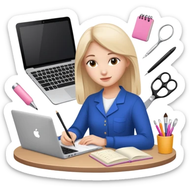 CREATE ME A BEAUTY STUDENT LEARNING A COURSE ON A LAPTOP, ADD BEAUTY TOOLS AROUND, AND NOTES sticker