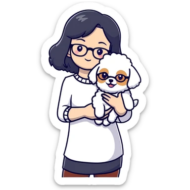 Girl with long black hair and glasses holding a white Bichon Frise dog sticker