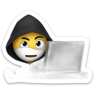 White Developers  with a black hood behind his computer and focus on his code  sticker