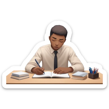 A person sits at a desk with their head down, surrounded by swirling stress clouds. In front of them, a glowing version of their "future self" reaches out, handing them a pen. As they take the pen, the stress clouds begin to dissolve, symbolizing how action breaks procrastination  sticker