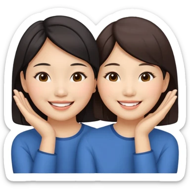 Two happy asian women beside each other touching their cheek sticker