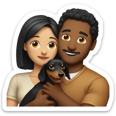 A man with black hair and a blonde woman are hugging, and in their hands they have a brown dachshund sticker