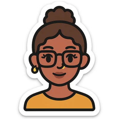 23-year-old girl with square thin glasses, brown curly hair in a high bun, big eyes and lashes, small nose and mouth, thin hoop nose piercing sticker