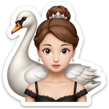 Beautiful lady with fair skin, brown hair, and large hazel eyes. She is wearing a low ballet bun and wearing the ballet costume of The Swan Queen sticker