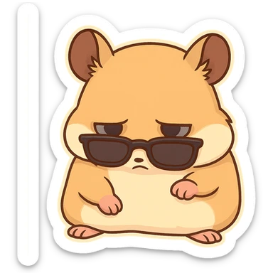 A hamster wearing sunglasses, the sunglasses have slipped down to the bottom of the eyes, the hamster lowered his head, his eyes were dull, sticker