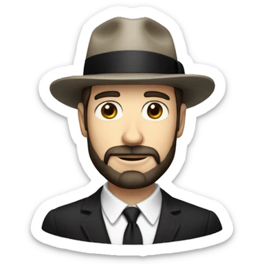 White skinned man with a tiny black beard and small black fedora sticker