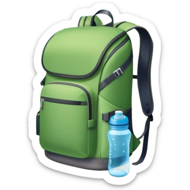 Icon for Ecotourism: a lightweight hiking backpack with a reusable water bottle, placed against a backdrop of lush green nature, with trees and a scenic trail. The icon should represent eco-friendly travel and the beauty of the outdoors. Transparent background. sticker