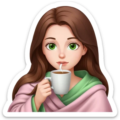 woman with very long brown hair and green eyes in a light pink blanket sipping coffee sticker