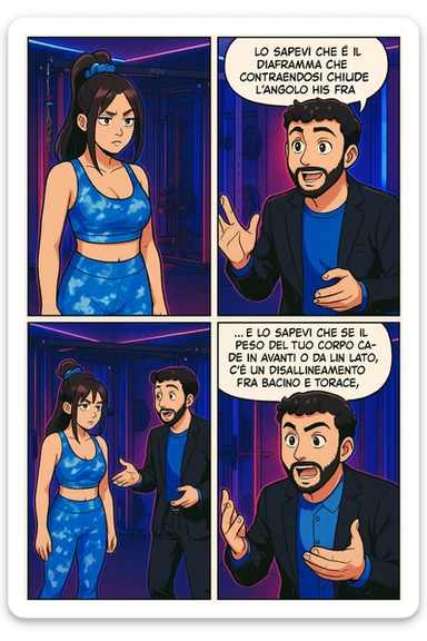 TRASFORMA QUESTO CAROSELLO IN UN FUMETTO STILE WEBTOON/MANGA A COLORI CON QUESTE DUE PERSONE IDENTICHE CHE INTERLOQUISCONO TRA LORO, L'uomo sta spiegando alla donna questo concetto:

LUI (UOMO): Hai controllato diaframma e baricentro corporeo?
LUI (UOMO): Lo sapevi che è il diaframma che contraendosi chiude l’angolo his fra stomaco ed esofago, contenendo la risalita degli acidi grassi?
LUI (UOMO): …e lo sapevi che se il peso del tuo corpo cade in avanti o da un lato, c’è un disallineamento fra bacino e torace, che comprimendo le coste, limita la motilità del diaframma e quindi il contenimento del reflusso? sticker