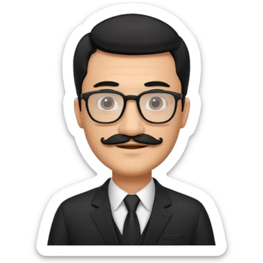 black hair dad in black suit and glasses with mustache sticker