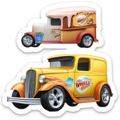 Hot rod, Hot wheels style, large ice cream panel truck from 1934 with wide chrome mag wheels, blue, no ice cream on top of truck, open selling window.  sticker