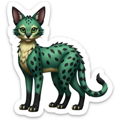 Epic complex detailed dark dusky gloomy deep gothic dark-deep-green, black, realistic Fakémon-Sprigatito-Floragato-Meowscarada-Trico-Sergal-Serval-Vernid-creature (full body) sticker