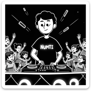 sleek robot DJ in a black t-shirt with glowing 'NUMTI' text, performing at a high-tech party, booth with LED panels, neon lights, and lasers, robots dancing and holographic effects filling the space, glowing t-shirt symbolizing individuality sticker