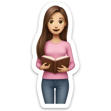 fair-skinned girl with long and straight brown hair holding a baby-pink-colored book sticker