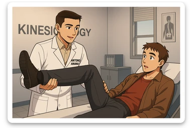 fai un webtoon manga a colori con questo stile, in cui un uomo è steso sul lettino medico e il kinesiologo con il camice bianco (fagli anche la scritta "ANTONIO ANANIA" SUL CAMICE, gli solleva una gamba per fargli il test neuromuscolare, IL KINESIOLOGO SPIEGA ALL'UOMO UNA cosa mentre gli alza la gamba. non fare i fumetti però, fai solo in modo che sembri stiano parlando sticker