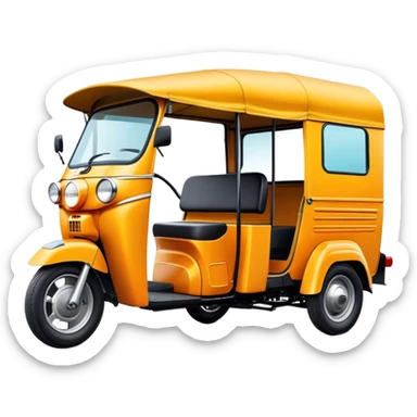 Cinematic Realistic Tuk Tuk Emoji, depicted as a vibrant iconic three-wheeled vehicle with bold colors and a compact design, rendered with crisp textures and dynamic urban lighting that captures its quintessential Thai charm. sticker