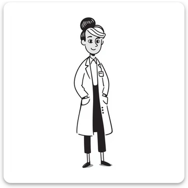 blonde caucasian woman in white dress shirt and white lab coat sticker