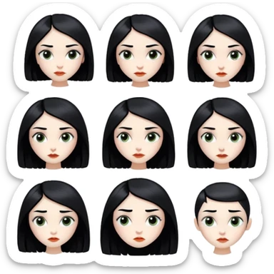 a Slavic-looking girl with black hair with a square hairstyle, in the style of illustrations by Tim Burton, expresses different emotions sticker