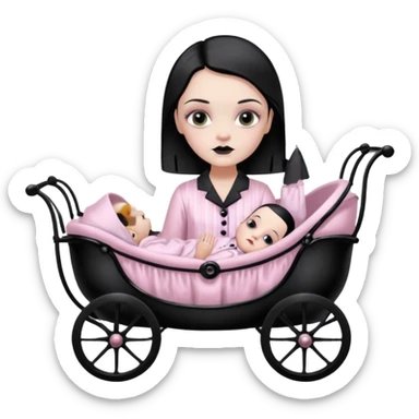 Full model stunning Wednesday Addams dark smoky eyeshadow in a unbuttoned Light pink silk pyjamas set touching gothic antique baby carriage  sticker