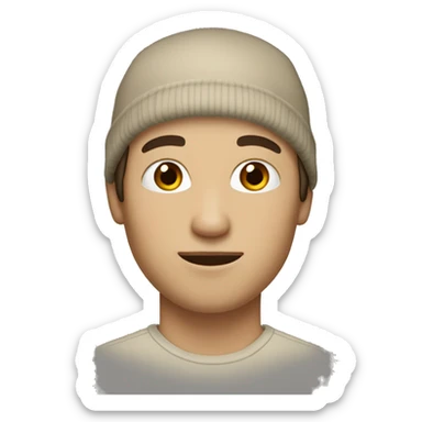 A white person with medium-length dark-brown hair, beige beanie, brown eyes, No body only head, face. sticker