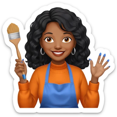 FEMME FRISÉ 60 ANS CHEVEUX NOIR FRISÉ ONDULÉ TRÈS  LONG , SOURIANTE AVEC CHANDAIL ORANGE ,   YEUX BLEU ET UN PINCEAU À LA MAIN LA MAIN AVEC 5 DOIGT SEULEMENT ET TABLIER sticker