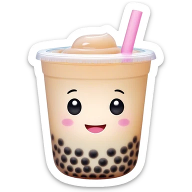Cinematic pastel-colored bubble tea, chubby cup with a smiling face, tiny black tapioca pearls peeking out, soft glowing background, playful and adorable. sticker