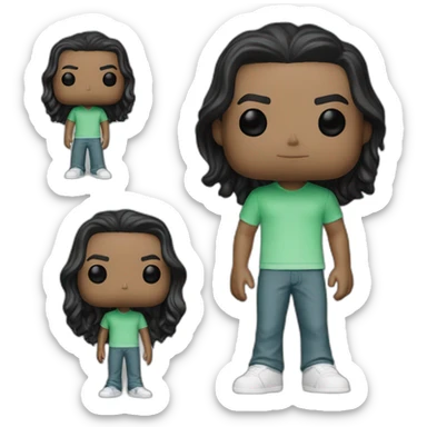 Young 18 years old boy, white, black hair, green eyes, long surfer hair, as a funko pop full fbody sticker