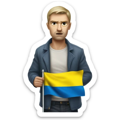 super-realistic angry Ukrainian with ukranian flag sticker