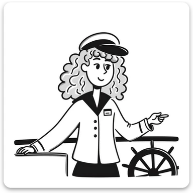girl with curly dirty blonde hair, cruise captain, questioning expression sticker