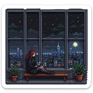 woman in a window seat, city lights outside, pixel-art style sticker