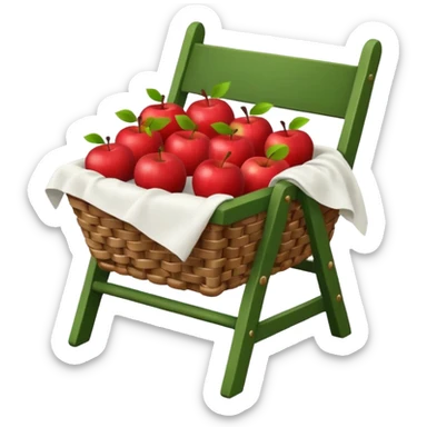 woven basket with apples and cloth on a white wooden chair, green sticker