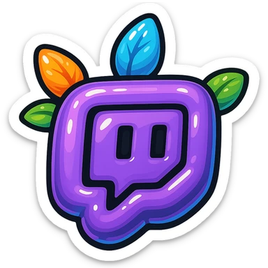 Chunky, smooth, and glossy Twitch logo, cartoon style, bold outline, strong shadows, bright highlights, decorated with colorful leaves, no background. Extra attention to contours and shine, in the style of the reference image, but even more rounded. sticker