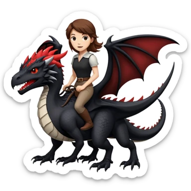 Me, a white female with brown hair, riding a black wyvern with a tiny bit of red that has only two legs to your work sticker