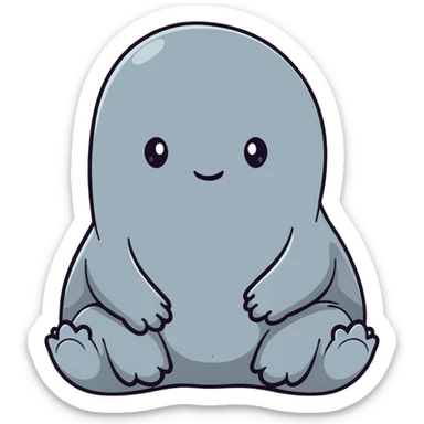 Zhdun (The One Who Waits), a cute gray blob-like creature with wrinkled skin, no neck, tiny hands resting on lap, patiently waiting sticker