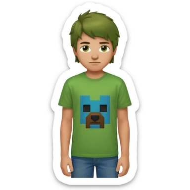 A 14 yerar old teenage boy, slightly tanned, wearing a green minecrcaft tshirt, blue jeans and green sneakers with brown tousled hair, smirking sticker