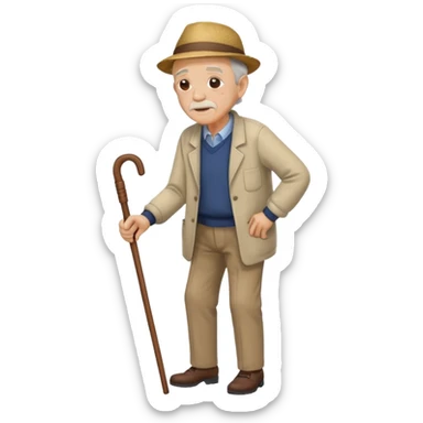 An old men leaning on a single cane walking with the other hand on his back to express back pain sticker