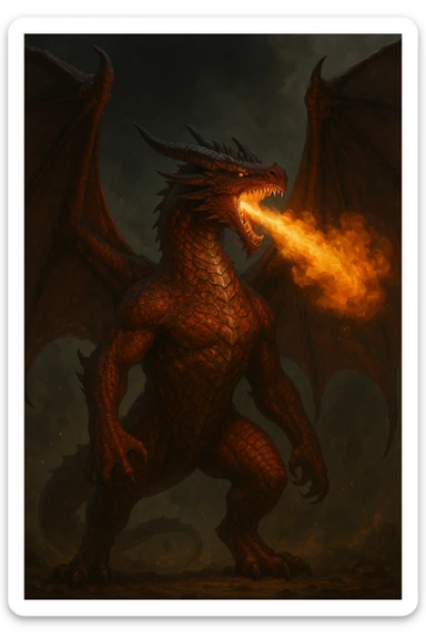 Western style dragon with huge wings, red scales, strong and intimidating stance, breathing fire sticker