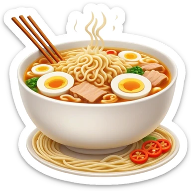 Cinematic Realistic Ramen Dish Emoji, showcasing a steaming bowl of rich broth with noodles and toppings rendered with dynamic textures and inviting, warm lighting. sticker