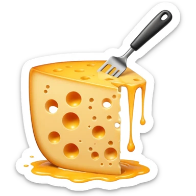 a half vertical  wheel of cheese being scraped with a metal spatula, melted cheese flowing, warm golden colors, modern emoji style, clean outlines, transparent background sticker