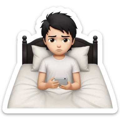 a PRETTY BRATZ boy with black messy hair, in bed, looking sad sticker