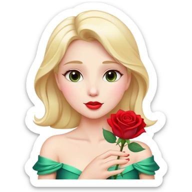 Cinematic Elegant Aurora Portrait Emoji, Delicately holding a single red rose, gazing with soft wonder, lips gently parted as if about to sing, the picture of grace and elegance, glowing with royal charm! sticker