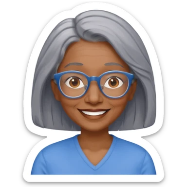 Older woman of color with gray shoulder length  hair and glasses and smiling sticker