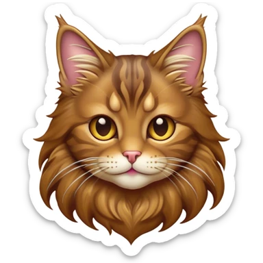 Cinematic Cute Brown Maine Coon Cat Portrait Emoji, Head tilted playfully with a touch of sass, sleek brown and gold fur with a majestic mane, Simplified yet hilariously adorable features, highly detailed, glowing with a warm, confident glow, high shine, mischievous yet lazy, stylized with a touch of playful whimsy, bright and endearing with a comical expression, soft glowing outline, capturing the essence of a quirky yet loving and lazy kitty, so meme-worthy it feels like it could stretch out of the screen and demand attention in the most dramatic way! sticker