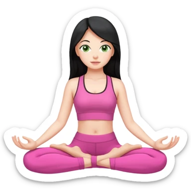 Girl with long black hair with green eyes doing yoga with pink clothes sticker