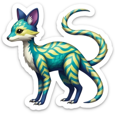  beautiful shiny patterned marked handsome gorgeous aesthetic colorful vibrant Vernid-Trico-species-Fakemon-creature by LiLaiRa, 4 legs, 1 tail, random markings, (full body) sticker