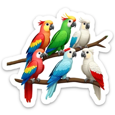Close-up collage of vibrant Ara parrots and Inca cockatoos sitting on tree branches, surrounded by lush greenery. Bright colors of the birds stand out against a natural, sunny background of trees and flowers. Transparent background. sticker