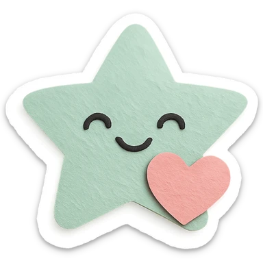 A smiling pastel green star clutching a small pastel heart, no arms or legs, full body, transparent background, in kawaii paper craft style. sticker